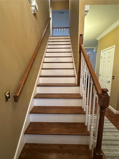 Staircase with hardwood / wood-style flooring and crown molding
