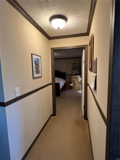 Hallway with crown molding, light carpet, and a textured ceiling