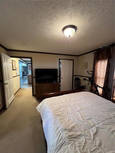 Carpeted bedroom featuring ornamental molding and a textured ceiling