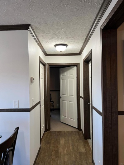 Corridor featuring ornamental molding, dark hardwood / wood-style floors, and a textured ceiling