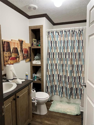 Full bathroom with wood-type flooring, toilet, vanity, and a textured ceiling