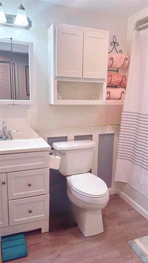 Bathroom featuring wood-type flooring, toilet, and vanity
