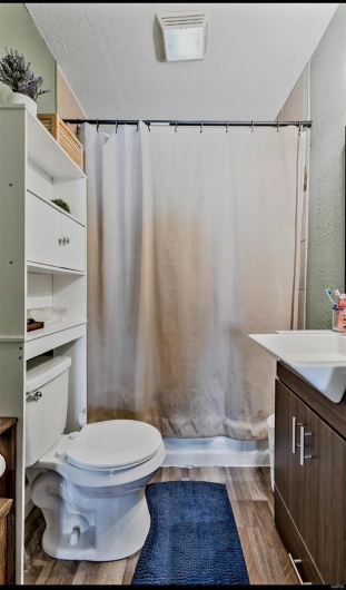 Bathroom with vanity, hardwood / wood-style floors, a textured ceiling, and toilet
