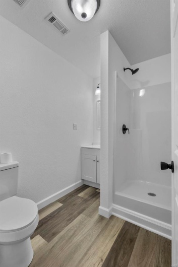 Bathroom with visible vents, a shower, wood finished floors, and vanity