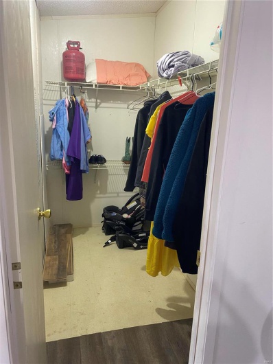 Walk in closet with wood-type flooring