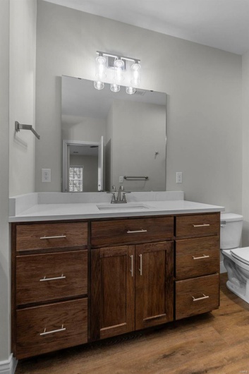 Bathroom featuring hardwood / wood-style flooring, vanity, and toilet