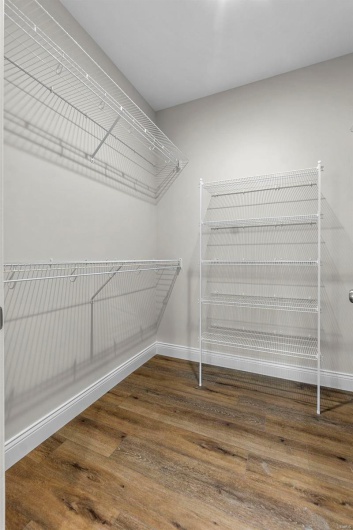 Walk in closet with dark hardwood / wood-style flooring