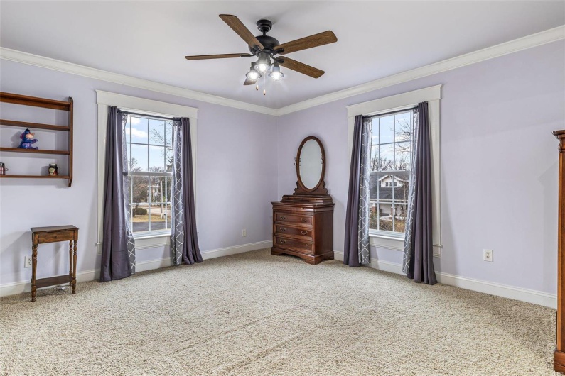 Living area with crown molding, a wealth of natural light, carpet floors, and ceiling fan