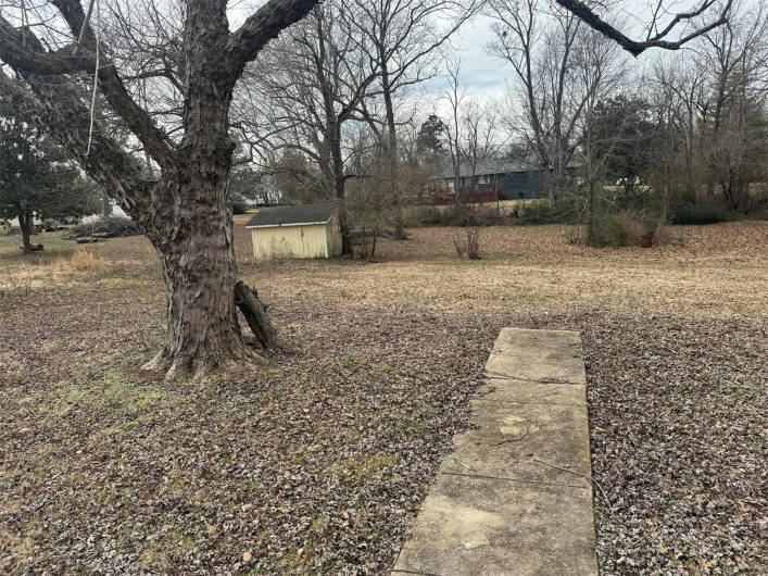 View of yard with a storage unit