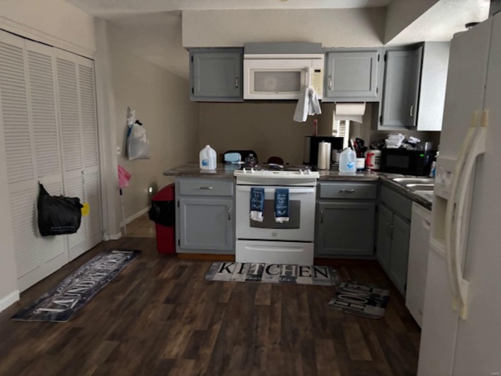 Kitchen with white appliances, dark hardwood / wood-style floors, and gray cabinets