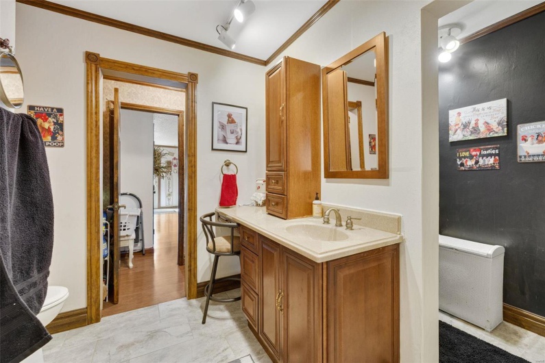 Bathroom featuring ornamental molding, rail lighting, and vanity
