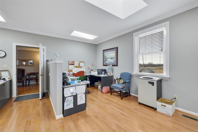 Office featuring crown molding, a skylight, and light wood-type flooring