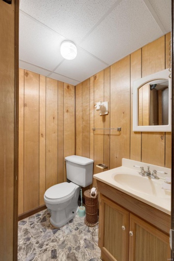 Bathroom with wooden walls, vanity, and toilet