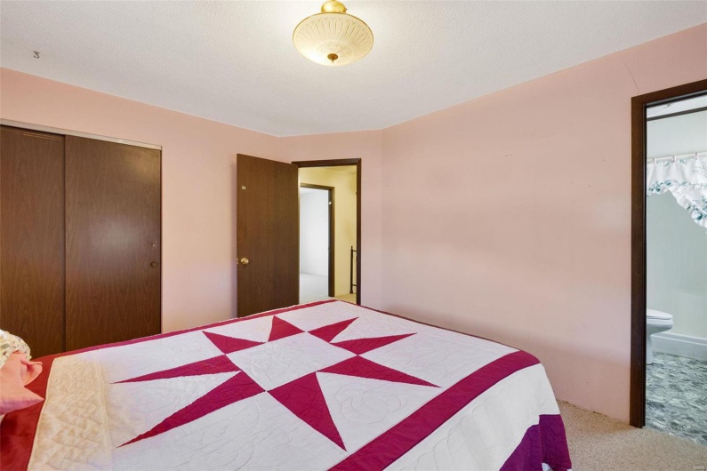 Carpeted bedroom with a closet and ensuite bathroom