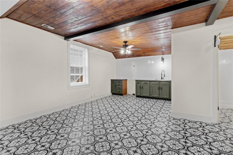 Third floor studio. Unfurnished living room with wood ceiling, ceiling fan, sink, and beamed ceiling