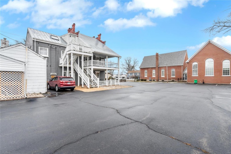 Rear view of the building with parking lot.