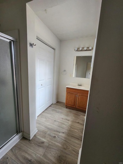 Bathroom with vanity, hardwood / wood-style flooring, and walk in shower