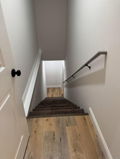 Staircase with hardwood / wood-style flooring
