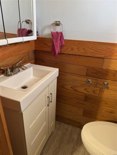 Bathroom featuring vanity, toilet, and hardwood / wood-style floors