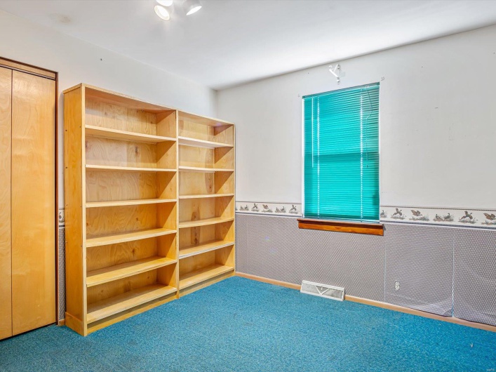 Empty room with a wainscoted wall, carpet, and visible vents