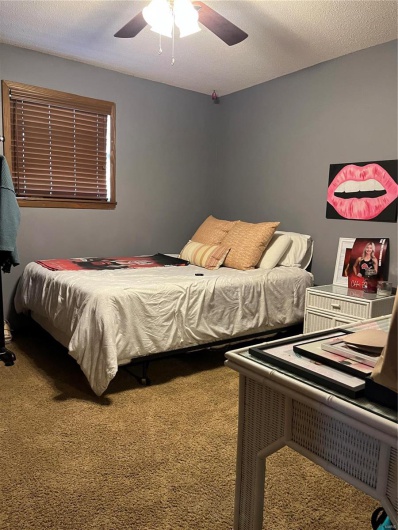 Bedroom featuring a ceiling fan, carpet, and a textured ceiling
