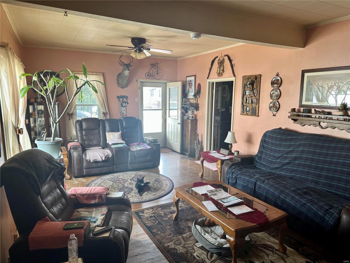 Living room with ceiling fan, wood finished floors, and crown molding