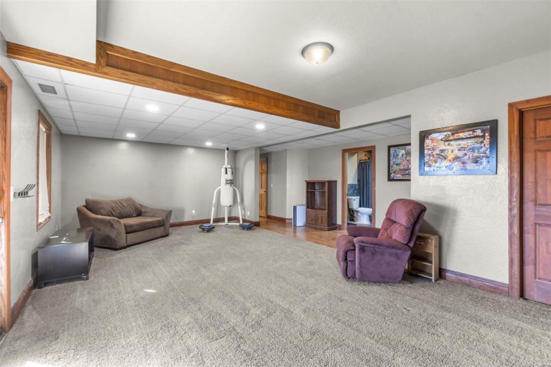 Living room with carpet flooring, visible vents, baseboards, and a drop ceiling