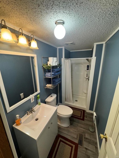 Bathroom with ornamental molding, visible vents, a textured ceiling, and a shower with shower curtain