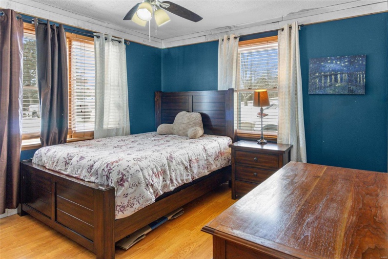 Bedroom featuring a ceiling fan, multiple windows, and light wood finished floors