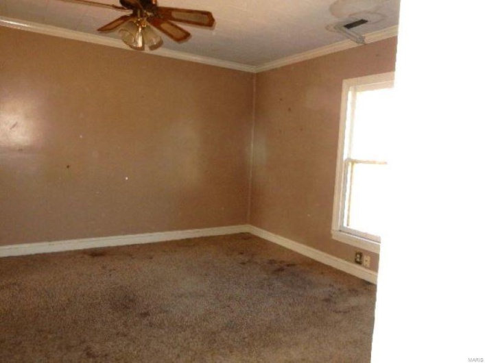 Carpeted empty room with visible vents, crown molding, baseboards, and ceiling fan