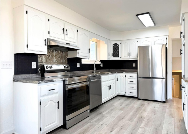 Kitchen with light wood finished floors, appliances with stainless steel finishes, under cabinet range hood, white cabinetry, and a sink