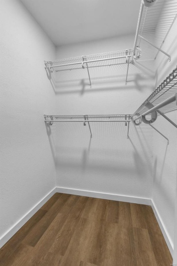 Walk in closet featuring dark wood-style floors