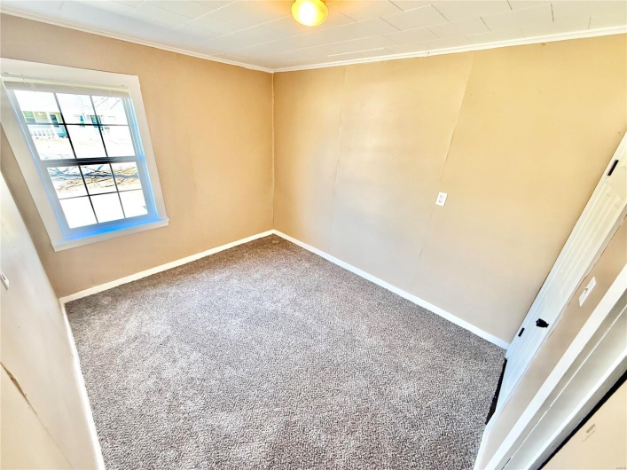 Carpeted empty room with crown molding and baseboards