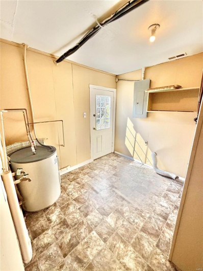 Bathroom featuring water heater, visible vents, and electric panel