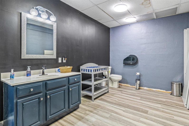 Bathroom featuring baseboards, a drop ceiling, toilet, wood finished floors, and vanity