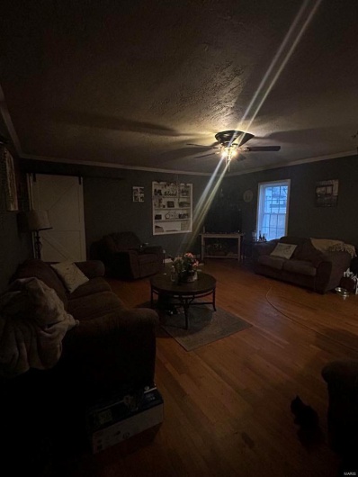 Living area featuring ceiling fan, crown molding, wood finished floors, and a textured ceiling