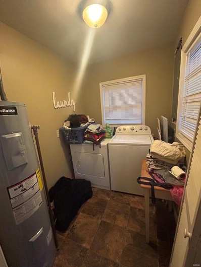 Laundry room with laundry area, independent washer and dryer, and electric water heater