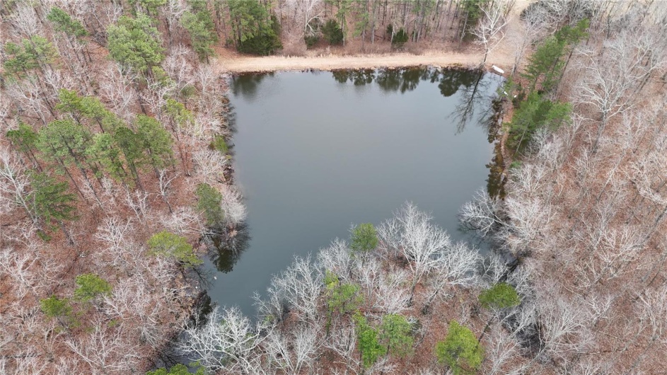 Birds eye view of property featuring a wooded view and a water view