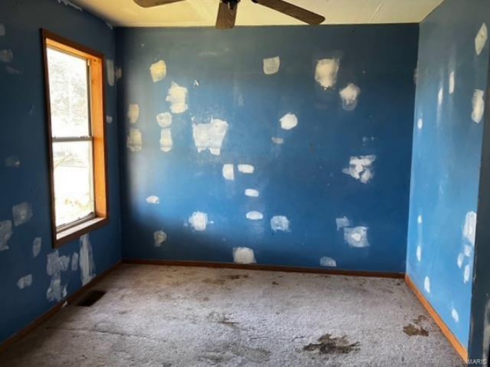 Spare room featuring a wealth of natural light, carpet flooring, visible vents, and baseboards
