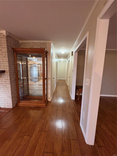 Corridor with wood-type flooring and ornamental molding
