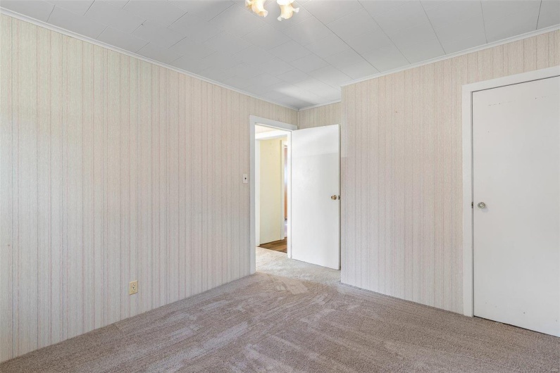 Carpeted spare room featuring crown molding