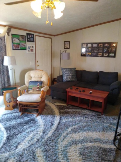 Living room featuring carpet flooring, lofted ceiling, a ceiling fan, and ornamental molding