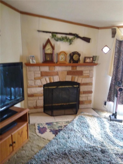Living room with a stone fireplace, crown molding, and carpet flooring