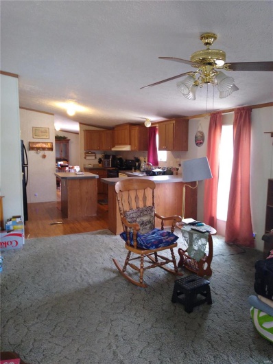 Living area with crown molding, a ceiling fan, light colored carpet, and a textured ceiling