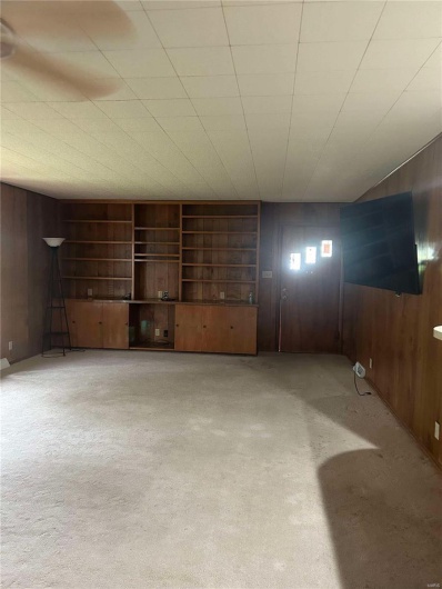 Unfurnished living room featuring wooden walls and carpet flooring