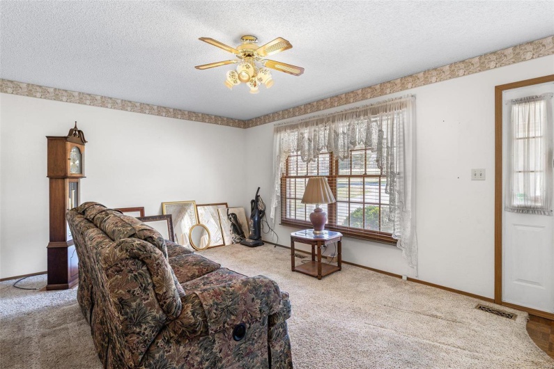 Living area featuring visible vents, baseboards, carpet floors, ceiling fan, and a textured ceiling