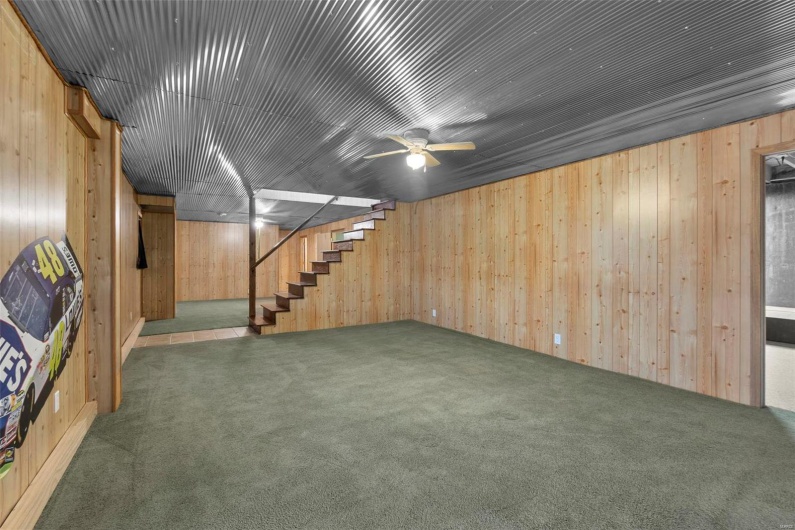 Finished below grade area featuring carpet flooring, wood walls, and stairway