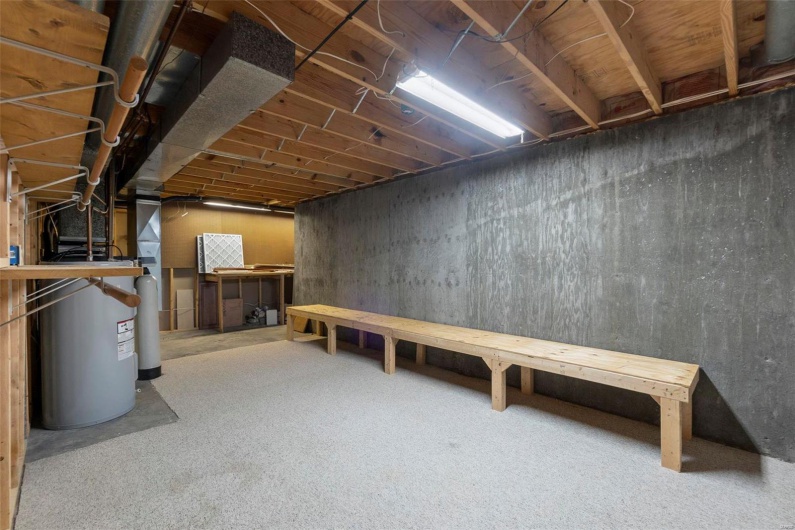 Unfinished basement featuring water heater