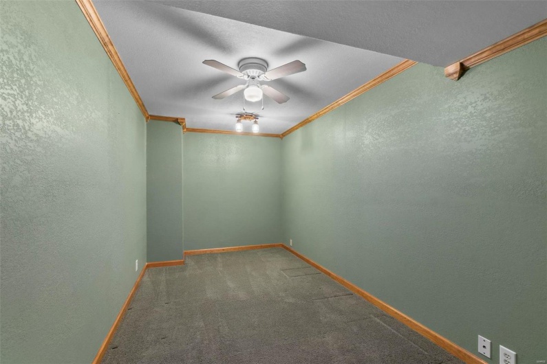 Carpeted spare room with baseboards, a ceiling fan, a textured wall, and ornamental molding
