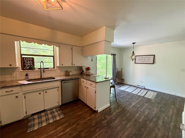 Kitchen featuring stainless steel dishwasher, a sink, white cabinetry, a peninsula, and dark wood-style floors